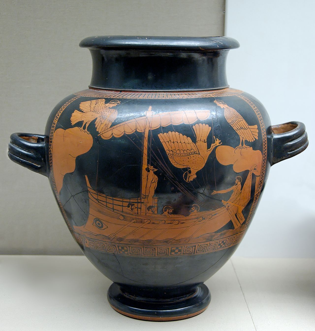 Ancient Greek vase painting showing Odysseus tied to the mast while passing the Sirens