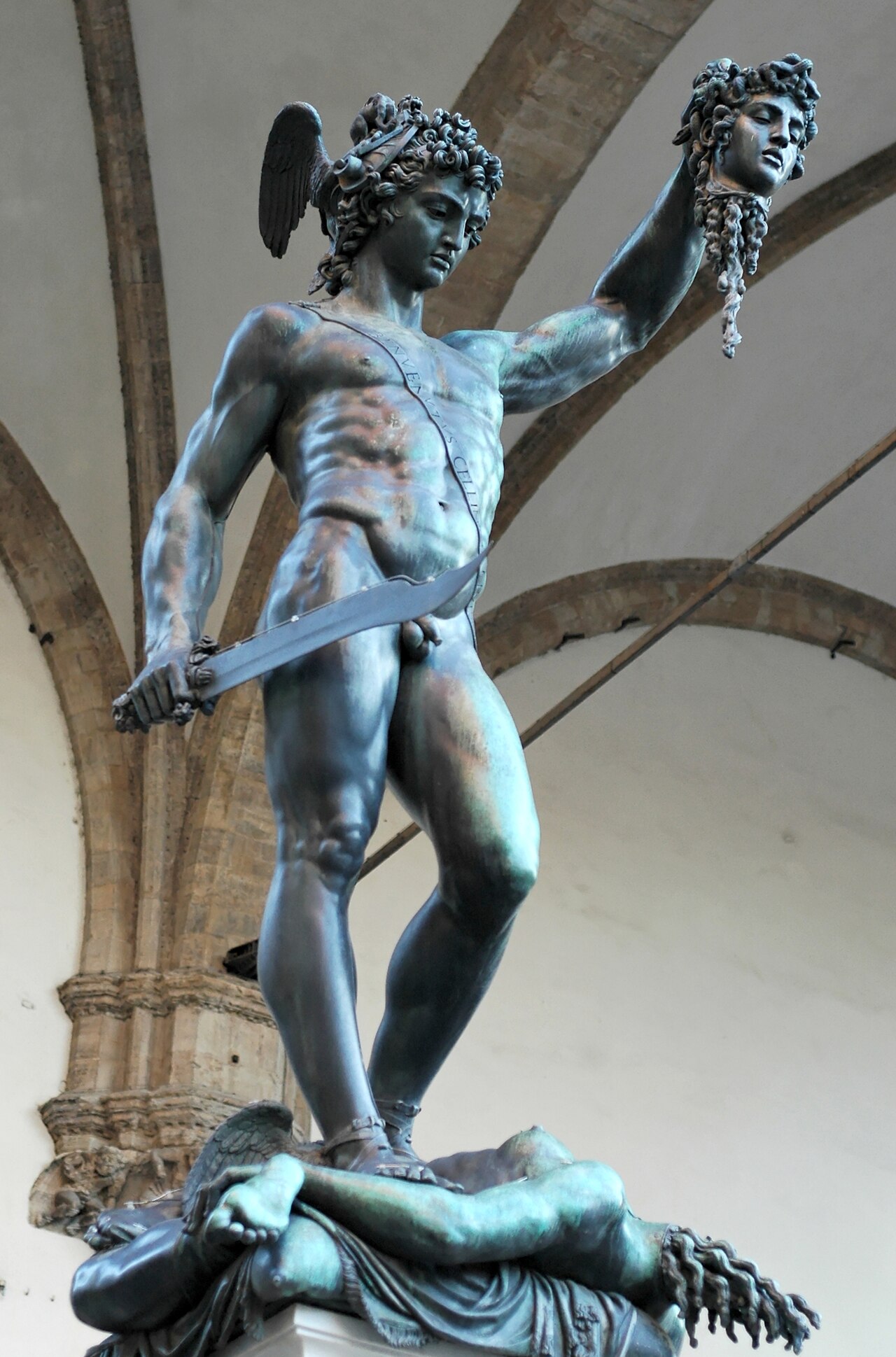 Benvenuto Cellini's bronze statue of Perseus holding the severed head of Medusa in Florence